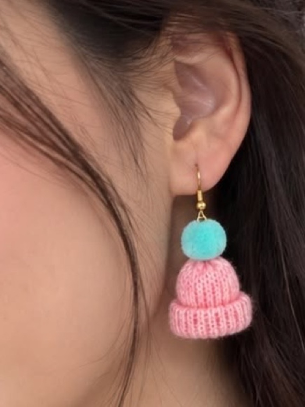 Pink and Blue Pom Pom Knit Earrings